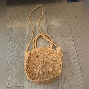 Tan Woven Round Crossbody Bag